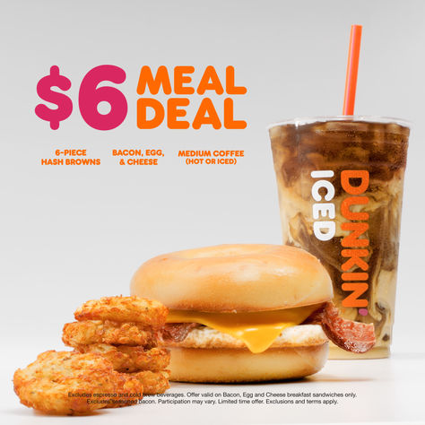 The biggest deal in breakfast is here. The $6 Meal Deal - available now at Dunkin'! Bacon Egg And Cheese Sandwich, Food Deals, Cold Starbucks Drinks, Egg And Cheese Sandwich, Italian Sausage Soup, Bacon Egg And Cheese, Egg And Cheese, Kawaii Cooking, Filling Food