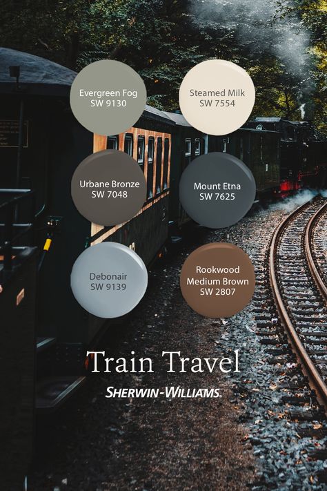 There's a palette for every aesthetic. Skip the traffic and order a Sherwin-Williams peel & stick sample in these colors to see how they might look in your space. #sherwinwilliams #DIY #interiordesign #color #inspiration #paint #decor #homeimprovement #homedecor #colorpalette #paintpalette #traintravel Sherwin Williams Train Travel, Cottage Color Scheme, Sherwin Williams Paint Palette, Sherwin Williams Palette, Dark Academia Aesthetic Paint Colors, Dark Academia Aesthetic Bedroom Wall Color, Shiitake Sherwin Williams, Sherwin Williams Paint Colors For 2024, Mountain Mural Color Palette