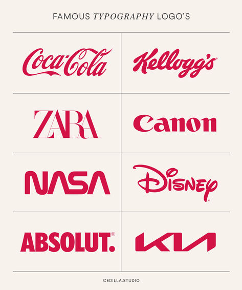 example of 8 famous typographic logos, featuring cola cola, kelloggs, zara, canon, nasa, disney, absolut and kia. Famous Typography Logos, Sleek Branding Design, Famous Brand Logos, Famous Graphic Designers, Famous Fonts, Typography Examples, Classic Logo Design, Timeless Typography, Timeless Logo Design