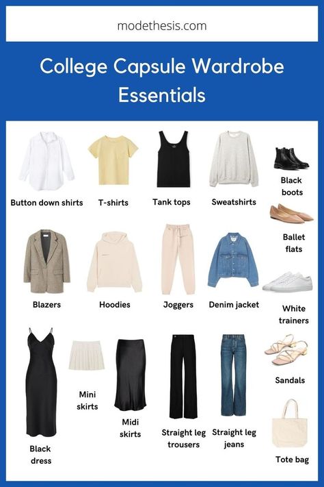 These are the college capsule wardrobe essentials for students. They are versatile and timeless. Most of the items are easy to wear and comfortable. Learn more on how to build your own college capsule wardrobe, the checklist and get inspired with a visual guide for outfit inspirations! College Capsule Wardrobe, College Wardrobe Essentials, College Student Outfits, College Style Outfits, College Girl Outfits, Uni Fashion, College Dress, Back To University, Cute College Outfits