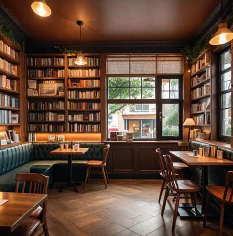 Cafe Decor Cozy, Coffee Library Aesthetic, Coffee Shop Library Aesthetic, Bookstore Color Palette, Cozy Tea Shop, Cafe With Library, Cozy Cafe Bookstore, Cozy Book Cafe, Moody Bookstore