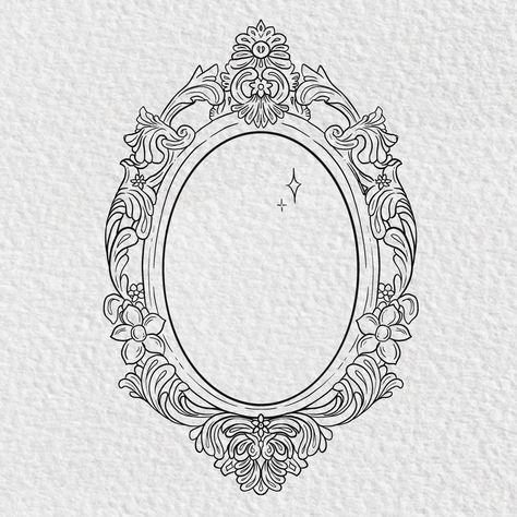 Beautiful ornate mirror tattoo artwork vintage drawing Vintage Mirror Frame Drawing, Vintage Mirrors Drawing, Vintage Frame Clip Art, Mirror Flower Tattoo, Mirror Fine Line Tattoo, Ornate Picture Frame Tattoo, Old Picture Frame Tattoo, Mirror Tattoo Minimalist, Gilded Frame Tattoo