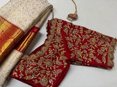 #bridalblouses #maggamworkblouse #kanchipattusaree Maroon Maggam Work Blouse, Maroon Blouse Designs Bridal, Gold Blouse Maggam Work, Red Maggam Work Blouse Designs, Red Blouse Maggam Work Designs, Muhurtham Blouse Designs, Maroon Blouse Designs, Wedding Blouse Designs Bridal Collection, Cut Work Blouse Designs