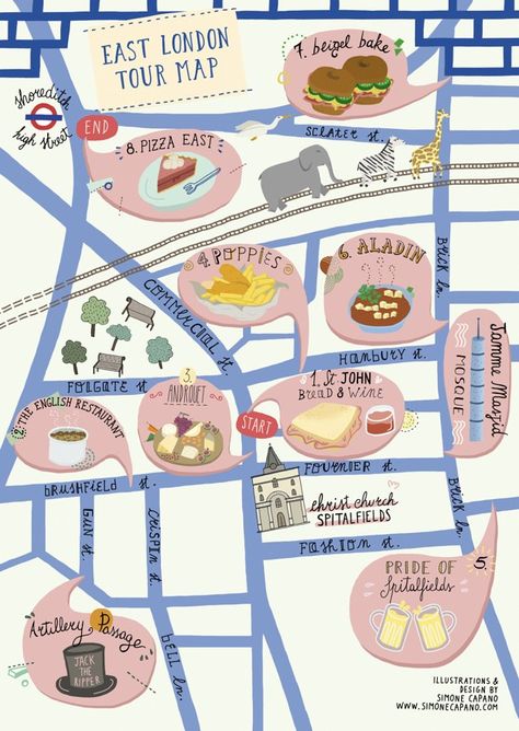 Event Map Illustration, Food Map Illustration, Places To Eat In London, Eat In London, Food Map, East End London, Tour Around The World, Map Illustration, London Map