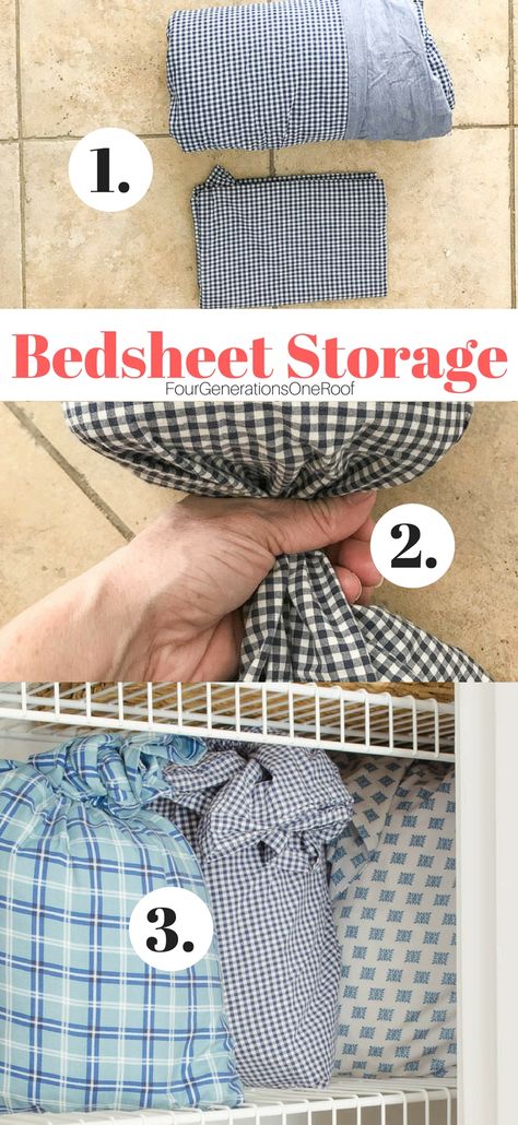 How to Store Bed Sheets In a Pillowcase | 2 Minute Organizing Tips Store Bed Sheets, Farmhouse Style Bedding, Sheet Storage, Style Bedding, Cleaning Supplies Organization, Rustic Light, Holiday Organization, Gray Farmhouse, Organisation Hacks