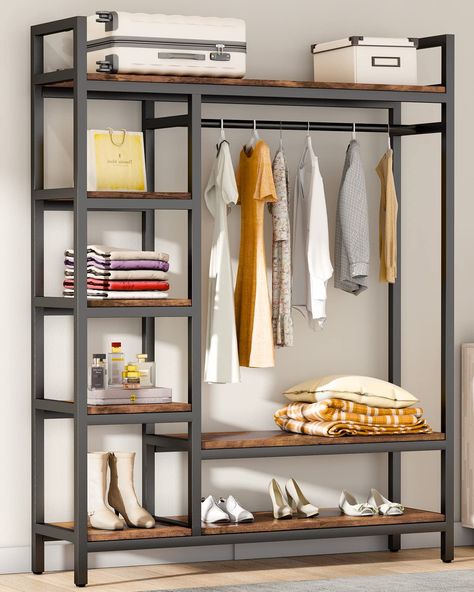 Metal Closet Organization, Garment Rack Bedroom, Clothes Rack With Shelves, Closet Alternatives, Suitcase Accessories, Boots Storage, Standing Wardrobe, Shelves Freestanding, Freestanding Closet