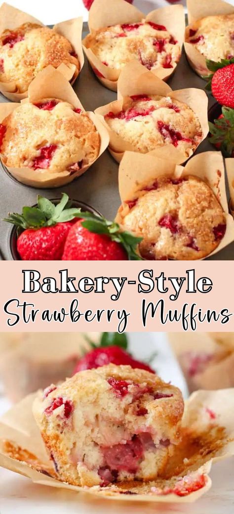 These bakery-style strawberry muffins are moist, sweet, and bursting with fresh strawberry flavor. Perfect for strawberry season or whenever you are craving a sweet snack, these homemade strawberry muffins are perfect with a hot cup of tea, as an easy breakfast, or as a quick snack for your kids! Strawberry Banana Muffins Easy, Deserts Recipes Strawberries, Strawberry Treats For Kids, Bake Goods Recipes Homemade, Strawberry Recipes Muffins, Strawberry Raspberry Muffins, Single Serve Strawberry Desserts, Healthy Raspberry Muffin Recipes, Muffins With Strawberries