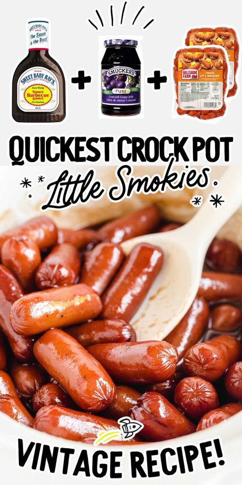 These crockpot cocktail links are cooked in a tangy barbecue and grape jelly sauce and make the easiest appetizer to serve at a party. Party Meats Ideas, Easy Sides For Birthday Party, Small Hotdogs In Crockpot, Mini Bbq Weenies Crock Pot, Cocktail Little Smokies, Party Snacks Crockpot, Bbq Wieners Crockpot Lil Smokies, Party Side Dishes Crockpot, Easy Party Crockpot Food