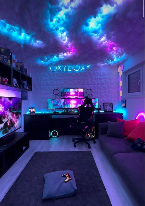 Couple Gaming Room Setup, Boys Gaming Room, Cool Gaming Rooms, Gamer Room Design, Small Room Setup, Games Room Inspiration, Gaming Bedroom, Gamer Bedroom, Small Game Rooms