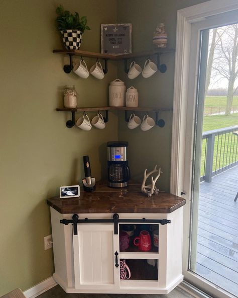 Corner Coffee Station Ideas -cmhwoodworking Coffee Corner Kitchen, Corner Coffee Bar, Dapur Rustic, Barn Door Sliders, Corner Hutch, Corner Coffee, Barn Door Tv Stand, Coin Café, Coffee Bar Station