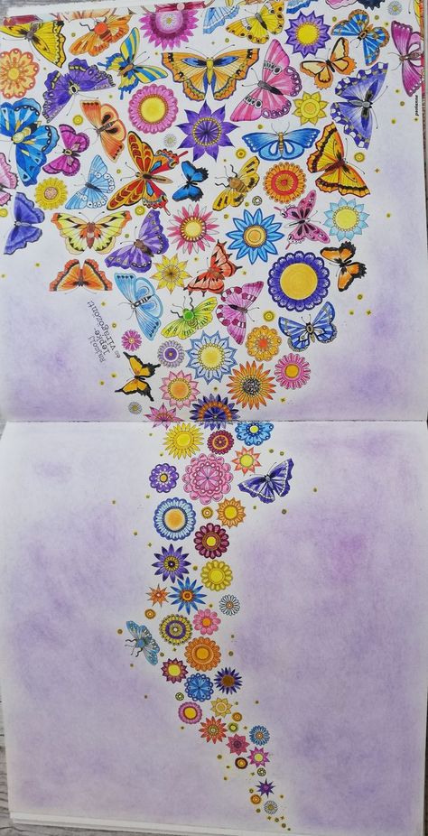 Colouring is Johanna Basford's Secret Garden. Made by Faber Castell Polychromos pencils. I am not very experienced in adding details but I like this picture with the purple background and yellows and blues and oranges. Secret Garden Johanna Basford, Secret Garden Coloring, Johanna Basford Butterfly, Secret Garden Johanna Basford Colouring Pages, Johanna Basford Secret Garden Coloring Book, Secret Garden Coloring Book Finished, Basford Secret Garden, Lost Ocean Coloring Book, Johanna Basford Secret Garden