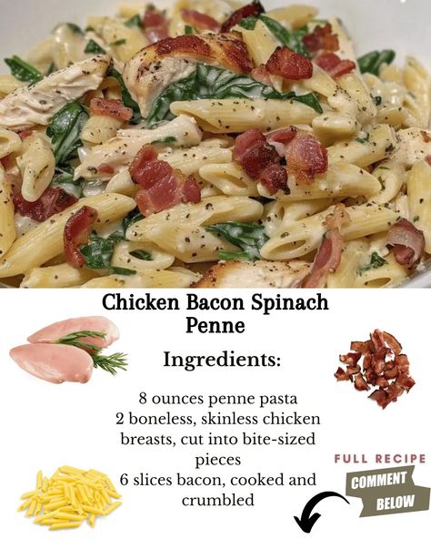 This Chicken Bacon Spinach Pasta recipe has penne that’s tossed in a creamy Alfredo sauce with spinach and tomatoes. This restaurant quality meal will be a huge hit at your dinner table.“This tastes like it’s from a restaurant!”- The first time my husband uttered these words to me was when I served him this Chicken Alfredo Pasta for the first time. I’ll never forget it. Let it be known, this recipe will blow your mind. Cooking the chicken and the bacon in the pan before preparing the sauce ... Chicken Bacon Spinach Penne, Chicken And Bacon Pasta With Spinach, Chicken Bacon Spinach Pasta, Chicken Bacon Alfredo, Chicken Spinach Pasta, Spinach Pasta Recipes, Penne Pasta Recipes, Chicken Alfredo Pasta, Alfredo Pasta