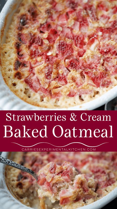 Strawberries and Cream Baked Oatmeal made with whole grain oats and fresh strawberries is a tasty way to start your day.  #breakfast #oatmeal Baked Oatmeal With Strawberries, Strawberries And Cream Baked Oatmeal, Strawberry Baked Oats Recipe, Strawberry Oatmeal Bake Breakfast, Baked Oatmeal With Fruit, Healthy Breakfast With Strawberries, Strawberry Oatmeal Bake, Oatmeal With Strawberries, Strawberry Baked Oatmeal