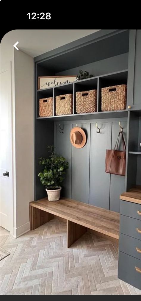 Mudroom Bulletin Board, Laundry Room With Mudroom Ideas, Taupe Mudroom Cabinets, Board And Batten Mudroom Lockers, Mud Room Entry Way, Black Mudroom Cabinets, Black Shiplap Mudroom, Mud Room Pantry Combo, Brown Mudroom Cabinets