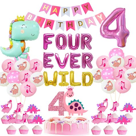 4 A Saurus Birthday, Birthday Ideas For 4 Year Girl, 4th Bday Party Girl, Fourth Birthday Party Theme, Forth Birthday Girl Theme Ideas, Four Birthday Party Ideas Girl, Four Ever Wild Birthday Party, 4 Ever Wild Birthday Party, 4 Year Birthday Party Invite