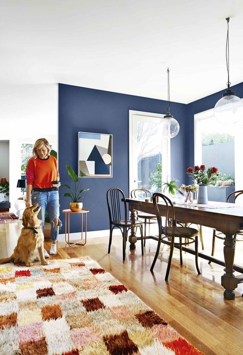 Blue Feature Wall Living Room, Dining Room Feature Wall, Blue Feature Wall, Timber Dining Table, Melbourne Home, Feature Wall Living Room, Period Home, Colourful Home, Navy Blue Walls