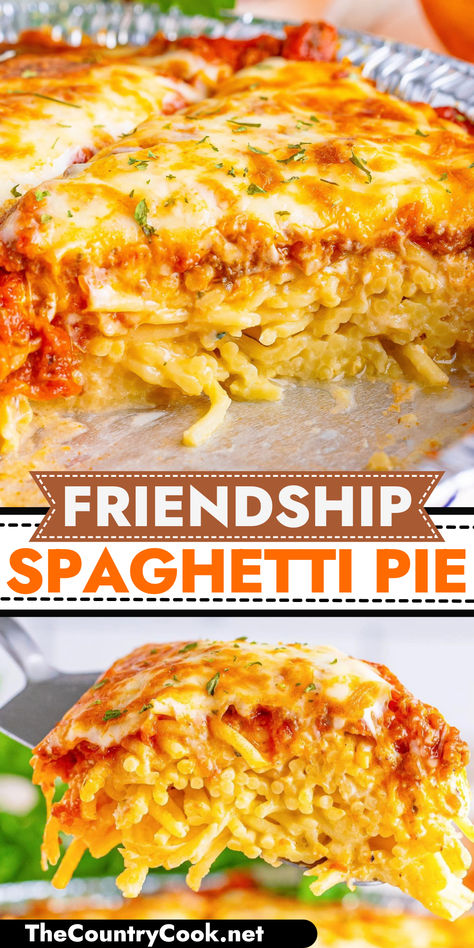 Friendship Spaghetti Pie is a creamy baked spaghetti that is not only yummy but it makes two meals. Make one and share one (or freeze for later!) Spaghetti Pot Pie, Friendship Spaghetti Pie, Baked Spaghetti For Two, Things To Make With Spaghetti Sauce, Easy Spaghetti Pie, Camp Spaghetti, Spaghetti Pie With Ricotta, Spaghetti Casserole Baked, Leftover Spaghetti Ideas