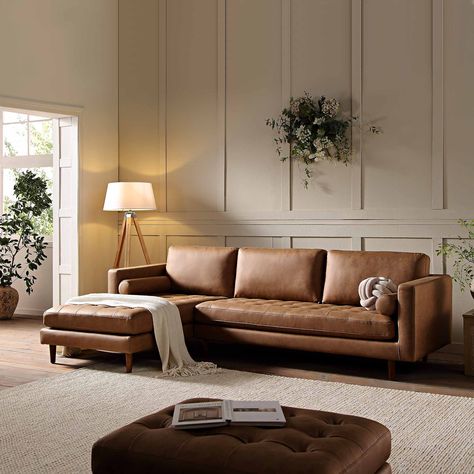 Living Room With Leather And Fabric Sofa, Tan Leather L Shaped Sofa, Wood And Leather Living Room, Tan Brown Living Room Ideas, Walnut Wood Living Room, Living Rooms With Brown Leather Couches, Brown Couch Styling, Tan Leather Sofa Living Room Ideas, Tan Sofa Living Room Ideas Decor