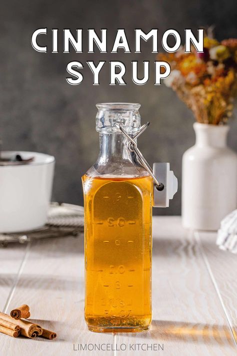 Cinnamon Syrup is a delicious addition to so many cocktails and coffee drinks. Not only is it tasty, but it's also super easy to make at home! It has just three ingredients, but brings a ton of flavor to your drinks. Make it ahead, and have it ready in the fridge for your next cocktail hour! This syrup is great for everything from fall and winter bourbon cocktails to tropical Tiki drinks, and of course, yummy cinnamon dolce lattes. Syrup For Coffee, Fancy Coffee Drinks, Cinnamon Simple Syrup, Syrup Recipes, Cinnamon Syrup, Homemade Mixes, Simple Syrup Recipes, Cinnamon Dolce, Homemade Syrup