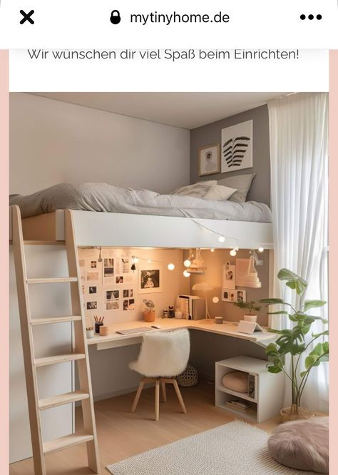 High Bed Ideas Small Room, 15 Sqm Bedroom Design, Small Teenage Room, Simple Kids Room Ideas, Smallest Bedroom Ideas, Room Inspo Loft Bed, Loft Bed Ideas For Small Rooms Adult, Narrow Bedroom Design, Loft Bed For Small Rooms