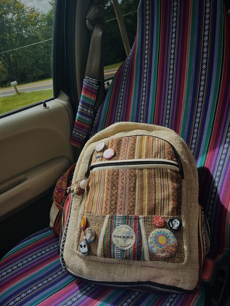 Upcycling, Hippie Backpack, Hippie Car, Hemp Bag, Aesthetic Backpack, Car Deco, Hippie Lifestyle, Hippie Aesthetic, Bag Pins