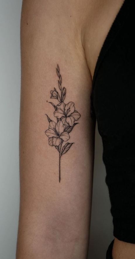 Guy Flower Tattoo, Daffodil Tattoo Wrist, Lily Bouquet Tattoo, Gladiolus And Poppy Tattoo, Linework Flower Tattoo, Gladioli Tattoo, Hip Flower Tattoo, Columbine Flower Tattoo, Gratitude Tattoo