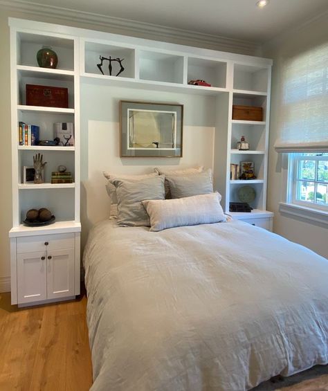 Headboard Cabinet Ideas, Cabinets Around Bed Built Ins, Headboard Wall With Shelves, Bed With Bookshelves On Either Side, Bed Coming Out Of Closet, Built In Around Bed, Bedroom Built Ins Around Bed, Headboard Cabinet, Home Decor Scandinavian