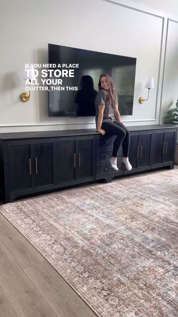 Long Media Console Built In, Long Media Console Styling, Tv Stand Restoration, Basement Media Console, Buffet Under Tv On Wall, Base Cabinets Next To Fireplace, Diy Extra Long Media Console, Media Consoles Living Room, Diy Long Tv Console