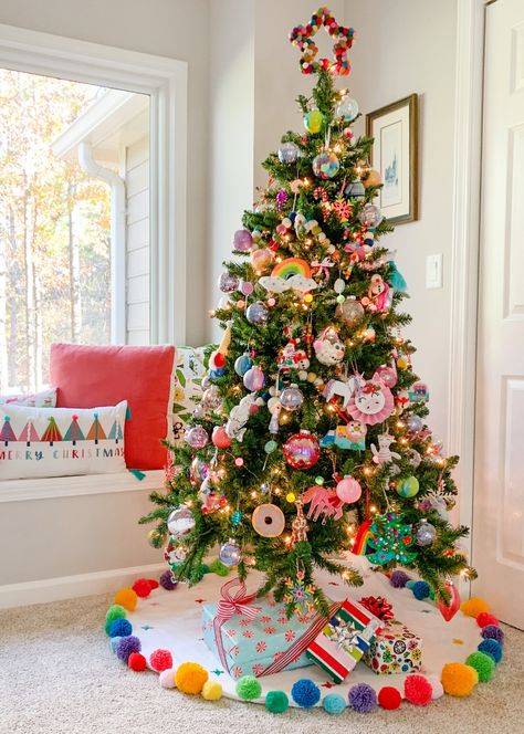 Christmas Tree With Diy Ornaments, Step 2 Christmas Tree, Cute Colorful Christmas Trees, Kids Colorful Christmas Tree, Bright Coloured Christmas Tree, Fun Family Christmas Tree, Christmas Garland Colorful, Colorful Christmas Tree Ornaments, Rainbow Themed Christmas Tree