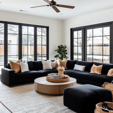 Black Couches Living Room Decor, Modern Living Room With Black Couch, Black Leather Couch Styling, Living Room Black Couch Decor, Black Couches Living Room Ideas Modern, Living Room With Black Leather Couch, Living Rooms With Black Couches, Long Couch Living Room, Leather Black Couch