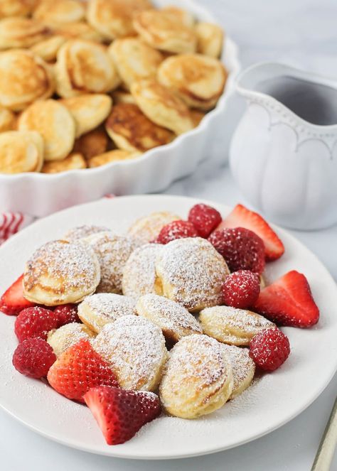 Poffertjes are tiny, fluffy pancakes, sweet enough for breakfast or dessert and a must-try for pancake lovers! #poffertjes #breakfast Poffertjes Recipe, Pancake Bites Recipe, Fluffiest Pancakes, Easy Lunch Box Recipes, French Toast Waffles, Pancake Bites, Overnight Breakfast Casserole, Bake Goods, Homemade Muffins