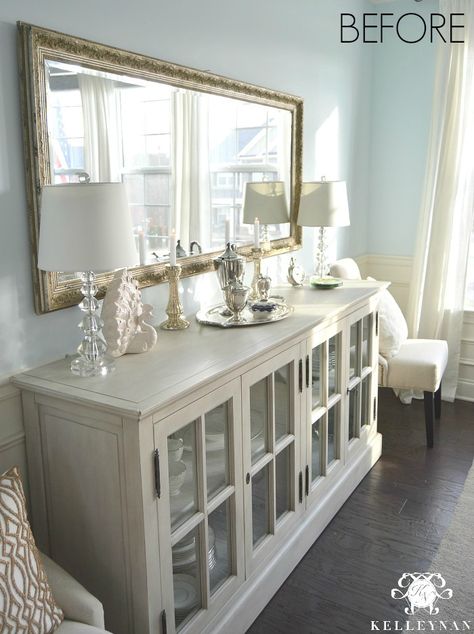 Dining Room Update | Vertical Vs. Horizontal Buffet Mirror Sideboard Decor Dining Room, Dining Room Buffet Decor, Dining Room Console Table, Trendy Dining Room, Dining Room Console, Dining Room Updates, Sideboard Decor, Console Table Living Room, Mirror Dining Room