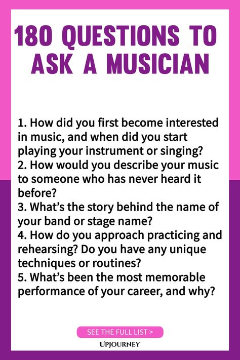 Discover engaging conversation starters with these 180 questions to ask a musician. Whether you're an aspiring artist or a music enthusiast, these thought-provoking questions will help deepen your understanding of the creative process and the world of music. From musicians' inspirations to their favorite performances, get ready for fascinating discussions! Perfect for music lovers looking to connect on a deeper level. Questions To Ask Podcast Guest, Music Questions To Ask, Music Questions, Work Etiquette, Interview Questions To Ask, Psychology Terms, Questions To Ponder, Conversation Questions, Deep Questions To Ask