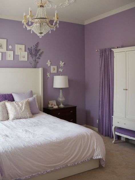 Add a touch of whimsy to a teens lavender bedroom with an accent wall featuring a mural of their favorite book or movie characters. Pair it with a sleek white dresser and a statement chandelier for a glamorous yet cozy vibe. Purple Wall Bedroom, Purple Bedroom Walls, Bedroom Accent Wall Ideas, Purple Bedroom Ideas, Lilac Walls, Lilac Bedroom, Lavender Bedroom, Bedroom Accent Wall, Purple Bedroom Decor