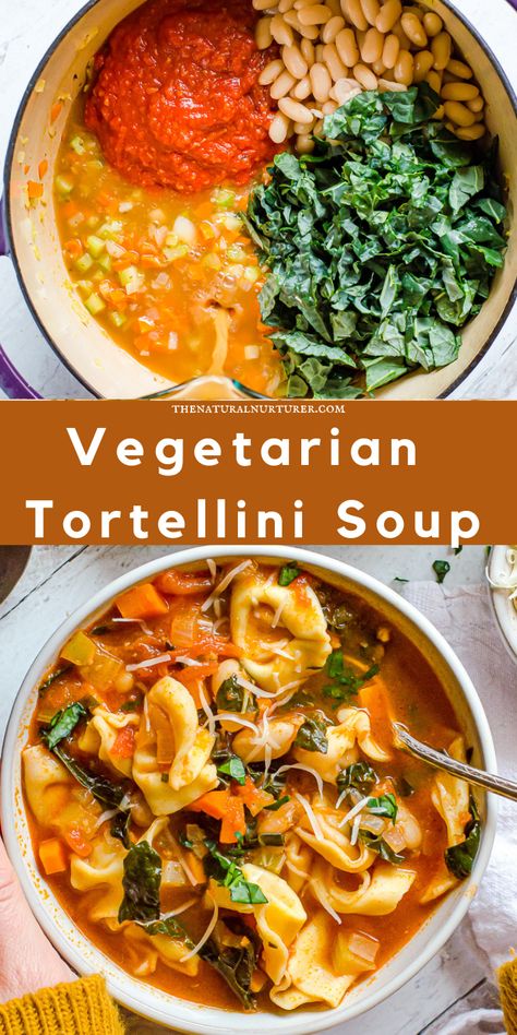 Veggie-Loaded Tortellini Soup is flavorful, simple to make in one pot, + is the perfect vegetarian soup recipe. Make it on the stovetop in about 30 minutes. #veggieloaded Tortellini Recipes Vegetarian, Tortellini Soup Vegetarian, Vegetarian Tortellini Soup, Vegetarian Tortellini, Soup Vegetarian, Comforting Dinner, Tortellini Recipes, Vegetarian Soup Recipes, Vegetarian Crockpot