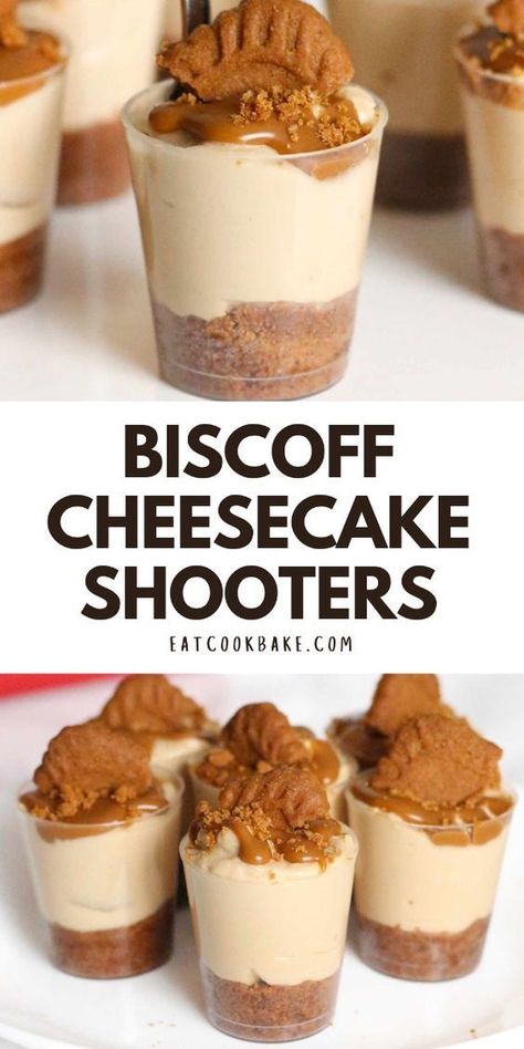 These Biscoff cheesecake shooters are super easy to make and there's no baking required. The recipe serves up to 36 Lotus Biscoff dessert shooters so it's perfect for feeding a crowd! Biscoff Dessert Shooters, Housewarming Party Dessert Ideas, No Bake Cheesecake Shooters Recipes, Oreo Dessert Shooters, Cake Shooters Wedding, Thanksgiving Dessert Shooters, Cake Shooters Recipe, Easy Desserts In Cups, Cheesecake Jars No Bake