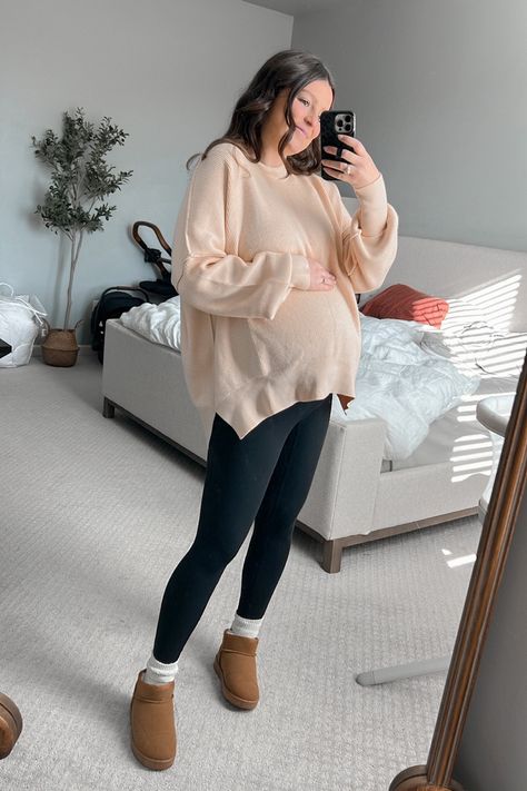 Maternity Dress And Sweater Outfit, Ugg Maternity Outfit, Pregnant Christmas Outfit Casual, Cozy Fall Maternity Outfits, 3rd Trimester Outfits Fall, Christmas Outfit Pregnant Women, Pregnancy Office Outfits Work Wear, Maturity Outfits Winter, Cute Comfy Maternity Outfits