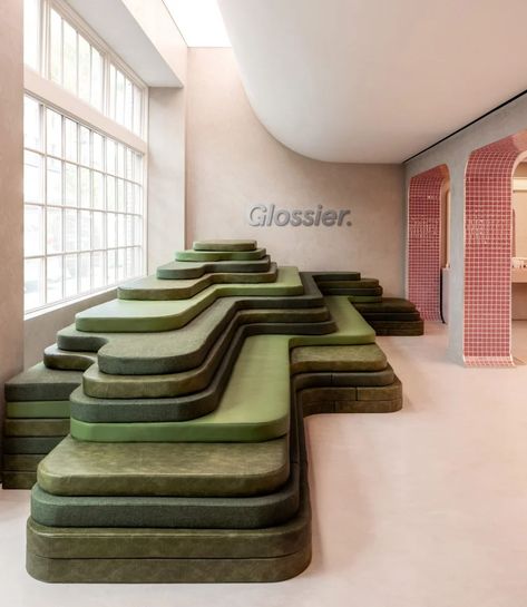 Glossier Seattle store features mossy mushroom-covered mound Glossier Seattle, Glossier Pop Up, Glossier Store, Tac Mahal, Tiered Seating, Pink Furniture, Minimal Architecture, Tile Covers, Pink Tiles