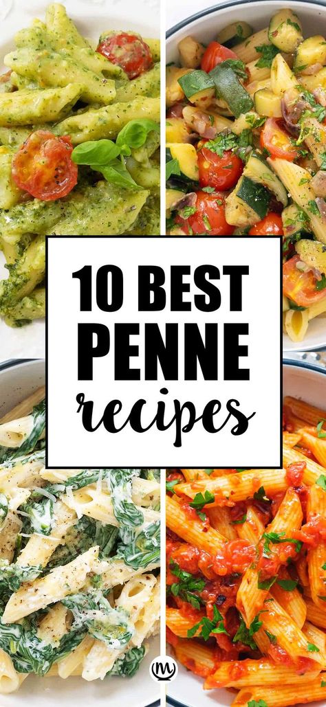 Close-up of four different penne pasta recipes. Meatless Pasta Recipes, Recipes For Pasta, Meatless Pasta, Penne Recipes, Pasta Lunch, Penne Pasta Recipes, Quick Family Dinners, Baked Penne, Pasta Side Dishes