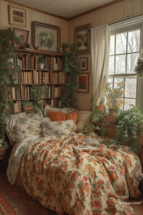 South Of France Bedroom, Cottage Room Ideas Aesthetic, Hobbitcore Bedroom, Fairytale House Interior, Grandma Core Bedroom, Cottagecore Bedroom Aesthetic, Vintage Bookshelves, Bed Pics, Small Home Library