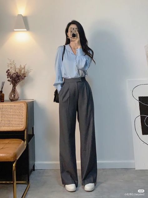 Semi Formal Casual Outfits For Women, Women Grey Pants Outfit, Shirts And Trousers Women, Formal Shirts Women Fashion, Formal Pant And Shirt For Women, Blue Shirt Formal Women, Grey Pants Formal Outfit, Business Casual Outfits Grey Pants, Korean Style Pants Outfit