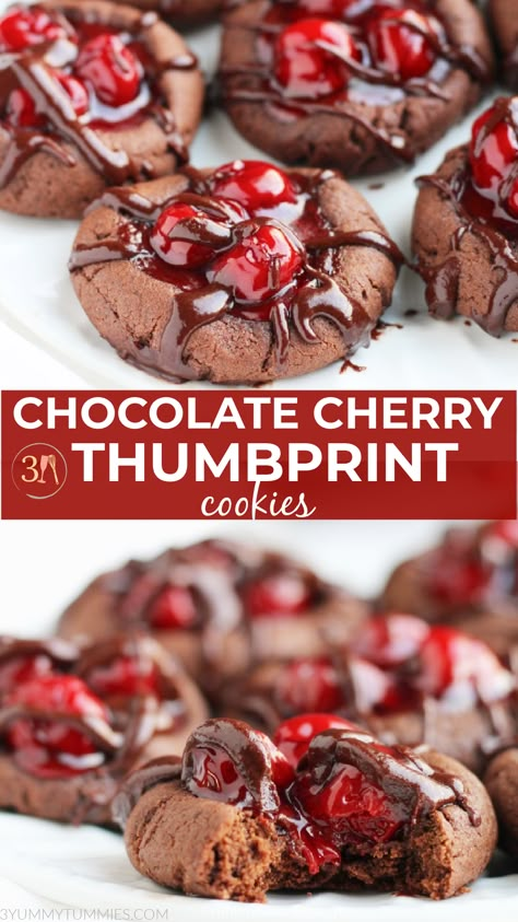 These Chocolate Cherry Thumbprint Cookies are a delightful balance of soft, chewy and chocolaty.  A double thumbprint makes way for plenty of cherries with a delectable, chocolate glaze topping...the perfect holiday cookie! Cherry Chocolate Cookies Recipes, Cookie Recipes Fancy, Cherry Thumbprint Cookies Holidays, Chocolate Cherry Thumbprint Cookies, Double Chocolate Cherry Cookies, Chocolate Cherry Blossom Cookies, Cherry Cordial Cookies, Chocolate Covered Cherry Cookies, Wedding Cookie Recipes