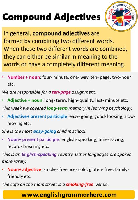 English Compound Adjectives, Definition and Examples COMPOUND ADJECTIVES Adjectives are words used before the name, qualifying the name. There are Compound Adjectives Worksheets, Strong Adjectives, Compound Adjectives, C1 English, Adverbs List, Adjectives In English, Learning Psychology, List Of Adjectives, English Adjectives