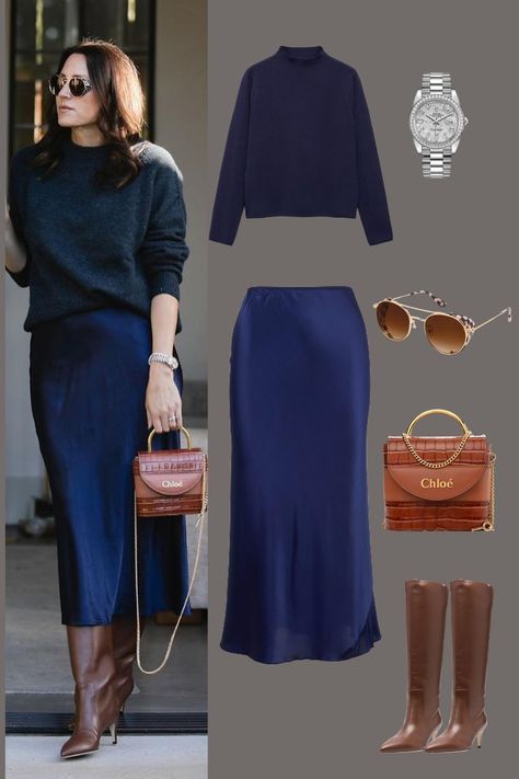 Mini Skirt Work Outfit Winter, Satin Dress Knee High Boots, Knee High Brown Leather Boots Outfit, Navy Blazer And Dress Outfit, Dark Blue Midi Skirt Outfit, Navy Blue Office Outfit, Office Chic Outfit Winter, Satin Winter Outfit, Satin Navy Skirt Outfit