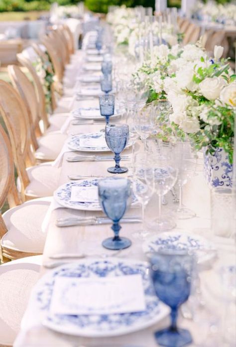 French Blue Table Setting, Blue Victorian Wedding Theme, Mexico Wedding Decorations, Blue China Wedding Decor, Vintage Blue Wedding Theme, Chinaware Blue Wedding, Bridal Shower Ideas Blue And White, Toile Wedding Decor, Blue Rehearsal Dinner Dress