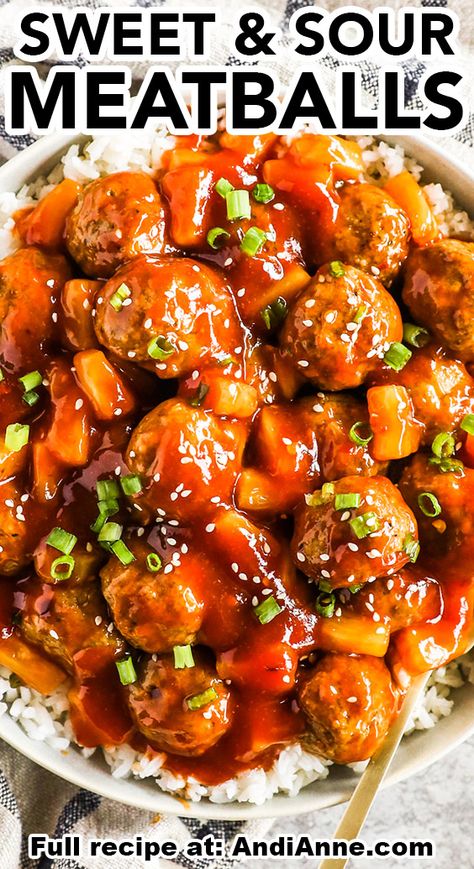 Homemade sweet and sour meatballs are so delicious and easy to make. A simple meatball recipe using ground meat is paired with an easy and delicious sweet and sour sauce with pineapple chunks as the base. These are a perfect snack for a party or as a main dish. with rice. They take no time at all to make, and the ingredients are cheap and and budget-friendly. Healthy Meatballs And Rice, Bbq Meatballs And Rice, Meat Ball And Rice Recipes, Easy Healthy Meatballs, Healthy Sweet And Sour Meatballs, Sweat And Sour Meatball Recipes, Sweet And Sour Meatballs Stove Top, Sweet And Sour Frozen Meatballs, Meatball And Sauce Recipe