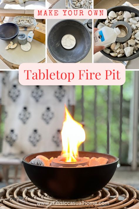 Diy Small Fire Pit, Diy Fire Bowl Patio, Fire Pit Table Ideas, Diy Candle Heater, Cement Fire Pit, Diy Propane Fire Pit, Decor Ideas For Small Homes, Table Top Fire Pit, Homemade Fire Pit