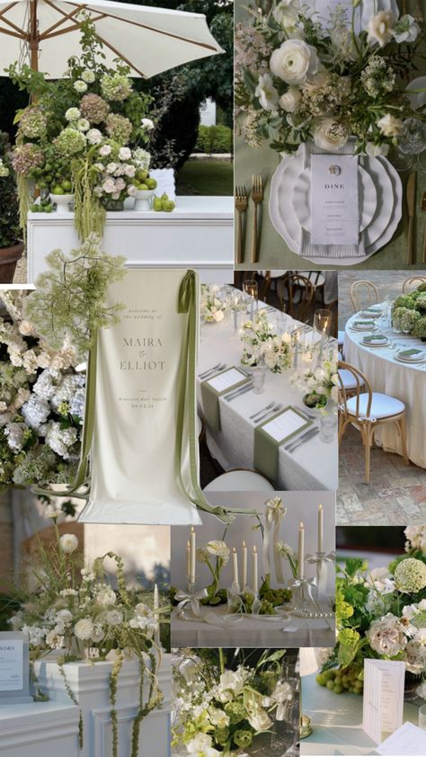 #fyp #trendy #wedding Sophisticated Chic Wedding, Season Wedding Ideas, Italy Wedding Inspiration, Wedding Reception Mood Board, White Green Neutral Wedding, Minimalist Luxury Wedding, White And Green Wedding Aesthetic, Wedding Pinterest Boards, 2025 Wedding Aesthetic