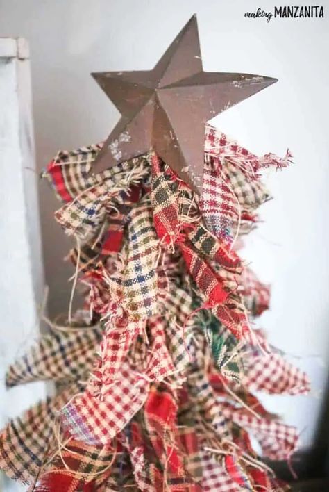 How To Make A Fabric Christmas Tree (EASY DIY) - Making Manzanita Scrap Fabric Christmas Trees Diy, Christmas Tree Made From Fabric Strips, Large Fabric Tree, Rustic Tree Decorations, How To Make Rag Christmas Trees, Reclaimed Christmas Decor, Fabric Scrap Christmas Tree, Primitive Wood Christmas Tree, Diy Cloth Christmas Trees