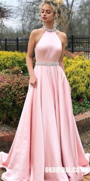 856fc81623da2150ba2210ba1b51d241desc35042473ri Evening Dress Long, Prom Dresses Long Pink, Halter Prom Dresses, Prom Dresses With Pockets, Pink Prom, High Neck Sleeveless, Satin Prom Dress, Pink Prom Dresses, Vestidos Vintage